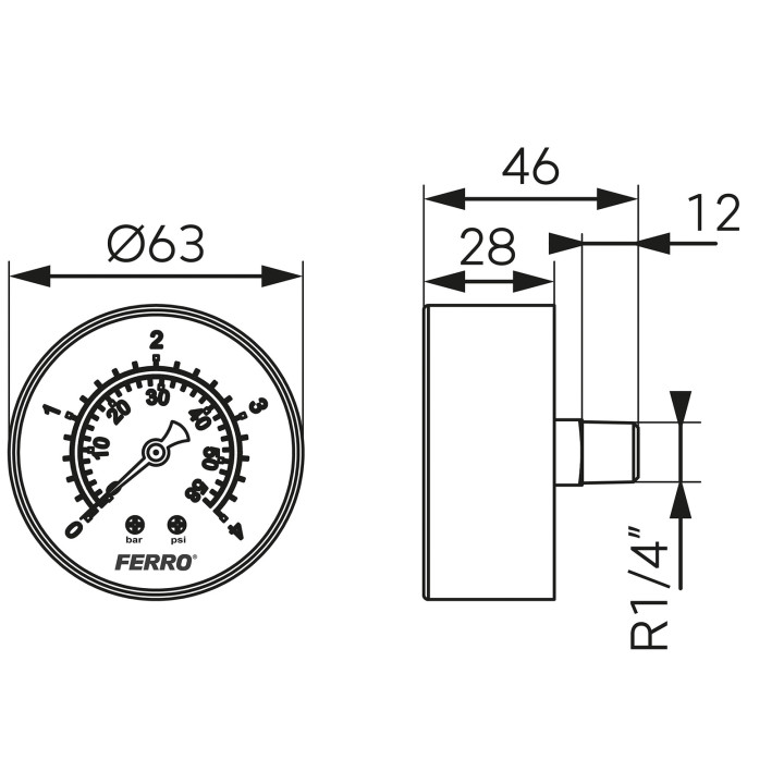 MANOMETR 63 MM 1-4" AKSJALNY 0-4 BAR