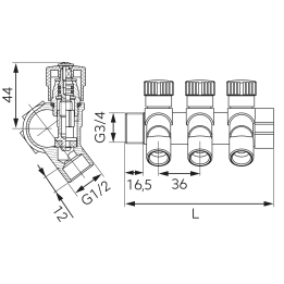 ROZDZIELACZ SANITARNY 4-DROGOWY 3-4"X1-2" MOSIĘŻNY NICKEL FREE