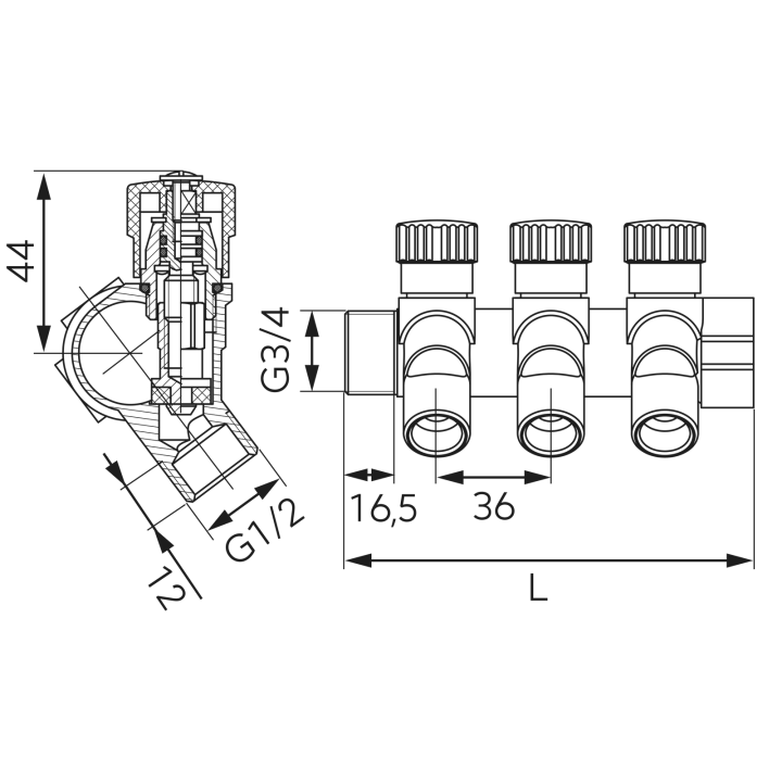ROZDZIELACZ SANITARNY 4-DROGOWY 3-4"X1-2" MOSIĘŻNY NICKEL FREE