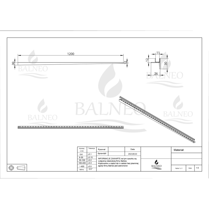 Listwa spadkowa do szkła prawa 120 cm inox