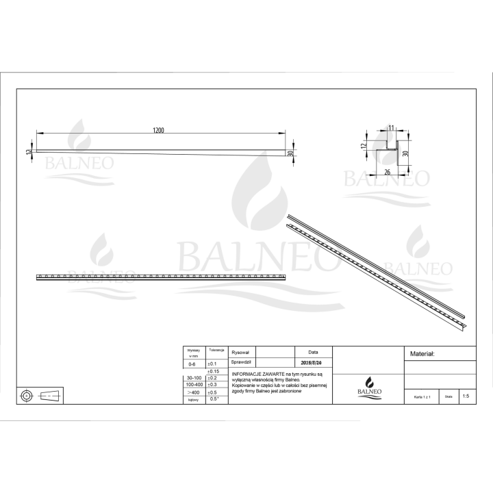 Listwa spadkowa do szkła lewa 120 cm złota