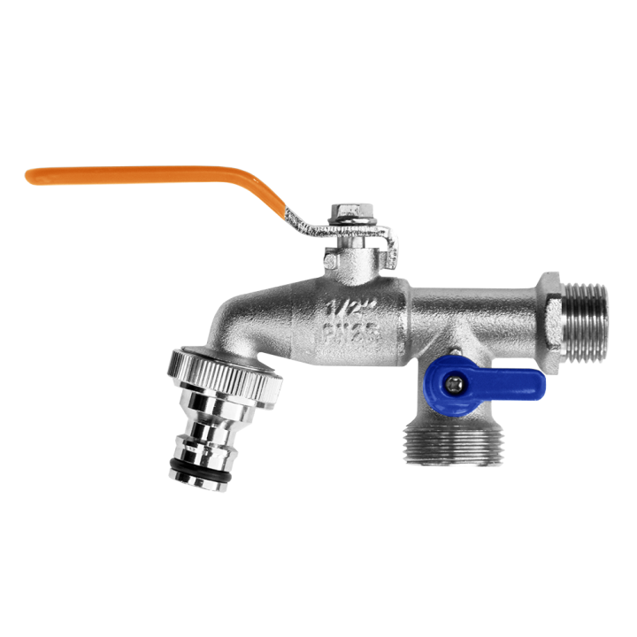 Kran kulowy GZ1/2", 2x wyjścia GZ 3/4" + nypel do szybkozłączki