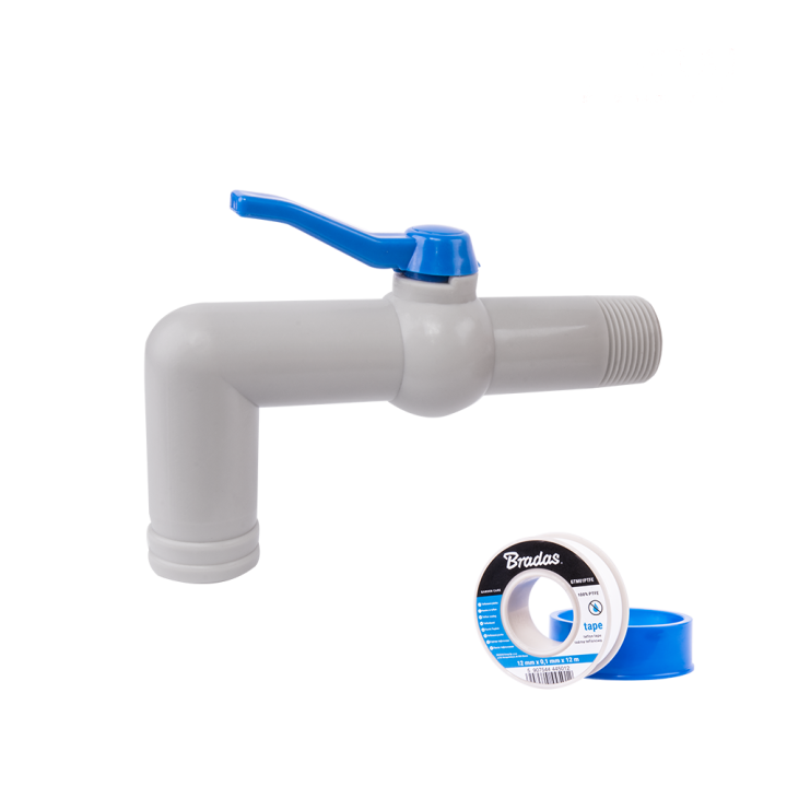 Zestaw - Kran 90° 1'' na wąż 32mm, dł. 18cm, z taśmą PTFE