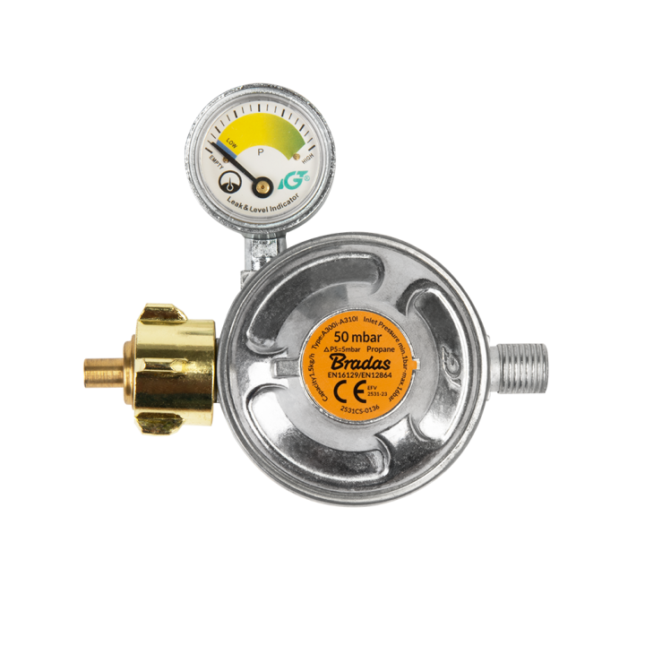 Reduktor gazowy 50mbar, 1,5kg/h, z zaworem bezpieczeństwa i manometrem, GZ 1/4" L