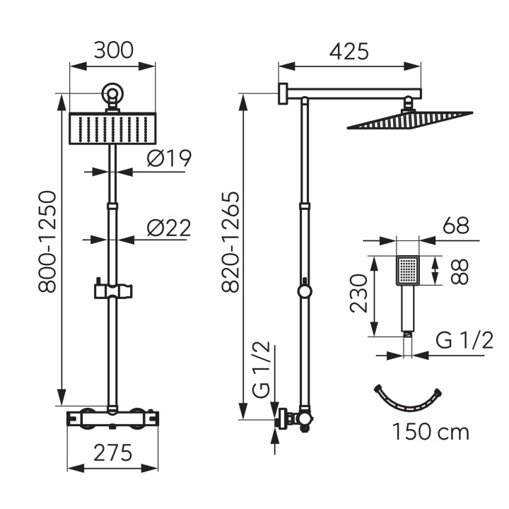 TREVI SQUARE ZESTAW NATRYSKOWY Z BATERIĄ TERMOSTATYCZNĄ TRV7U, CHROM