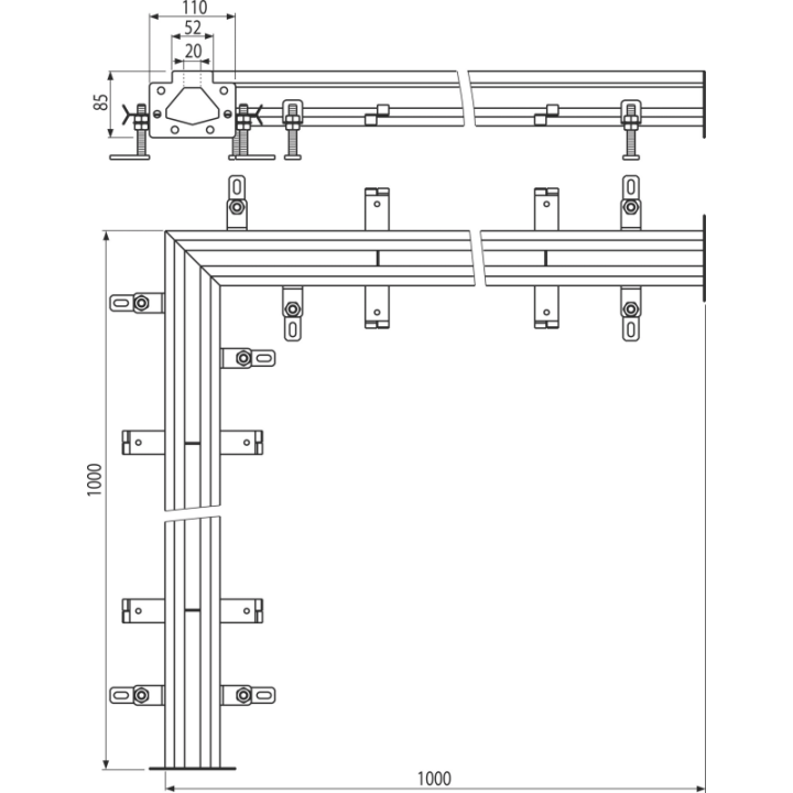 Przemysłowy odpływ szczelinowy narożny 1 m, stal nierdzewna AISI 304