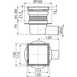 Kratka ściekowa 130×130 mm odpływ boczny, dwustronna kratka nierdzewna, syfon mokry