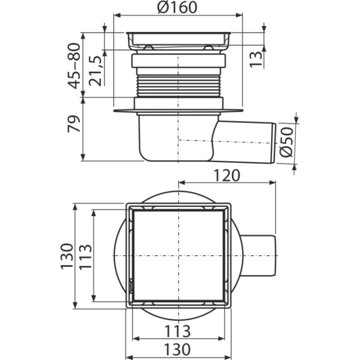 Kratka ściekowa 130×130 mm odpływ boczny, dwustronna kratka nierdzewna, syfon mokry