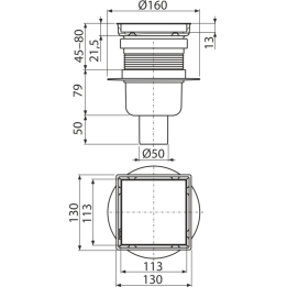 Kratka ściekowa 130×130 mm odpływ pionowy, dwustronna kratka nierdzewna, syfon mokry
