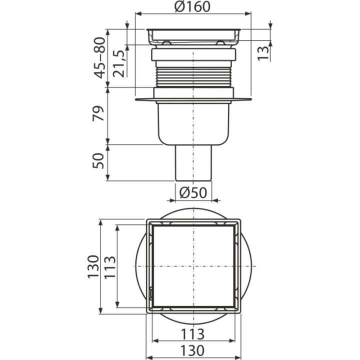Kratka ściekowa 130×130 mm odpływ pionowy, dwustronna kratka nierdzewna, syfon mokry