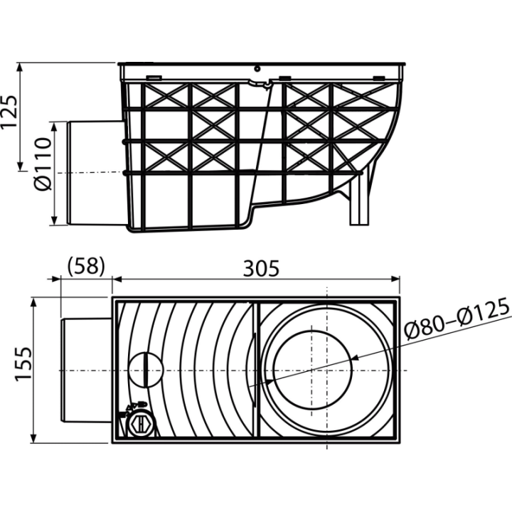 Wpust deszczowy uniwersalny 300×155/110 mm boczny, czarny