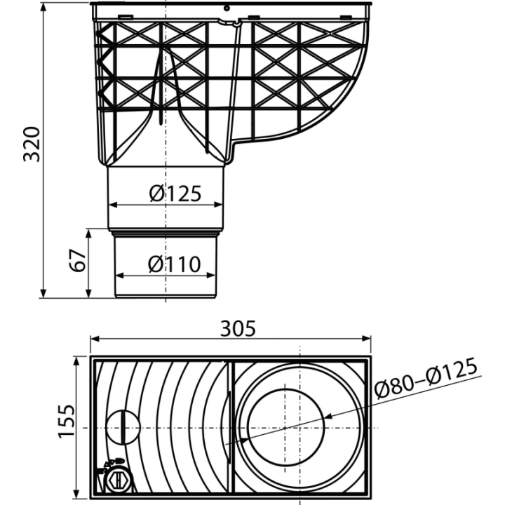 Wpust deszczowy uniwersalny 300×155/125/110 mm dolny, czarny