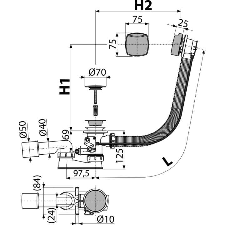 Syfon wannowy do wanien z hydromasażem, korek automatyczny, chrom