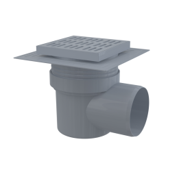 Kratka ściekowa 150×150/110 mm odpływ boczny, kratka szara, dwa poziomy izolacji, syfon mokry