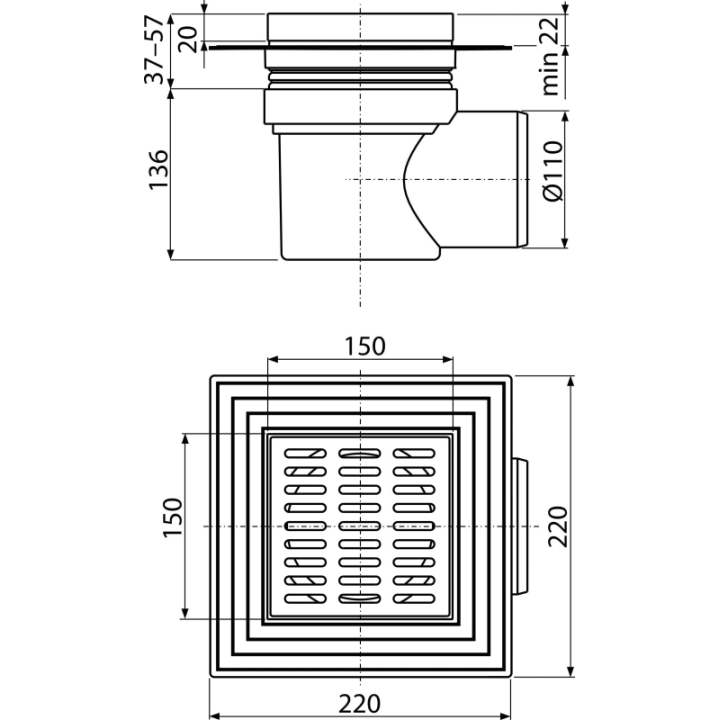 Kratka ściekowa 150×150/110 mm odpływ boczny, kratka szara, dwa poziomy izolacji, syfon mokry