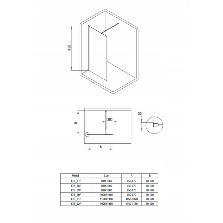 ŚCIANKA PRYSZNICOWA / WALK-IN SYSTEMU KERRIA PLUS 120 CM NERO KTS N32P