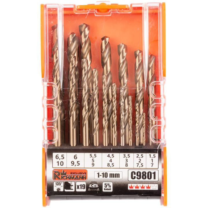 WIERTŁA DO METALU KOBALTOWE 1-10 MM 19 ELEM. PLASTIKOWE PUDEŁKO