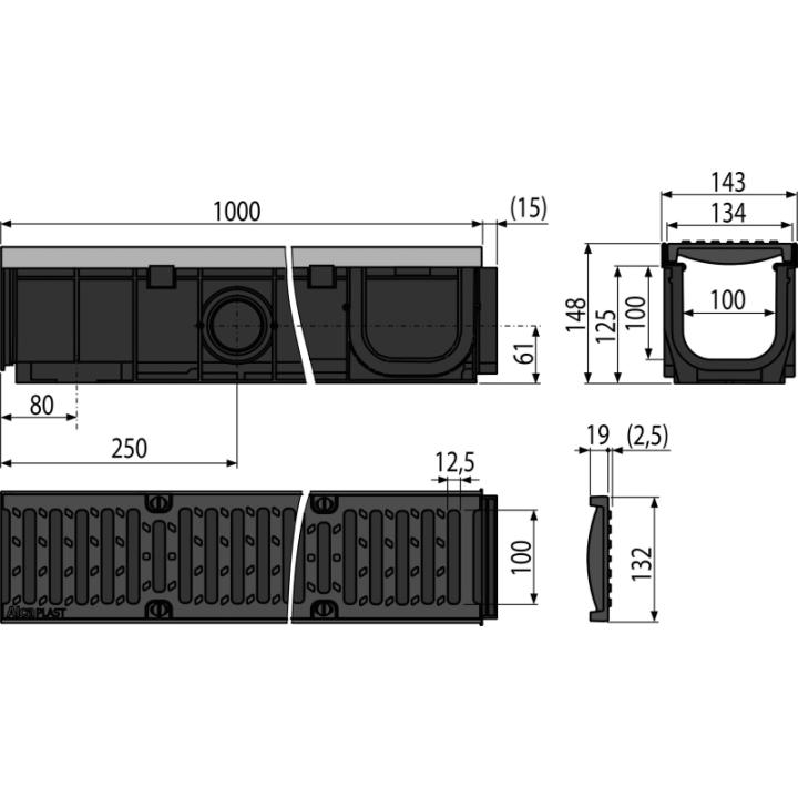 ZEWNĘTRZNE ODWODNIENIE 100 MM Z OBRAMOWANIEM METALOWYM I RUSZTEM C250