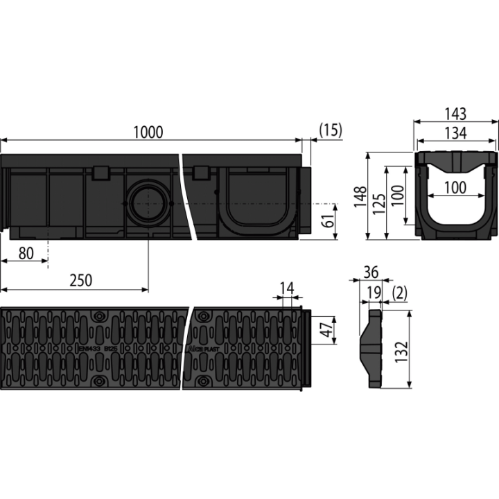 ZEWNĘTRZNE ODWODNIENIE B125, TWORZYWO, KOMPOZYTOWY RUSZT, 110 MM ODPŁYW