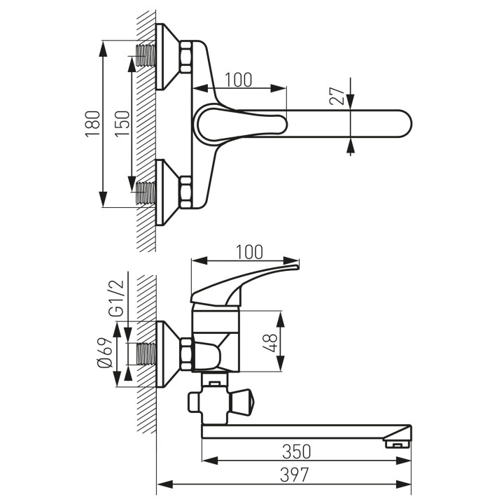 BASIC BATERIA WANNOWA Z WYLEWKĄ 350MM Z ZESTAWEM NATRYSKOWYM U28, CHROM