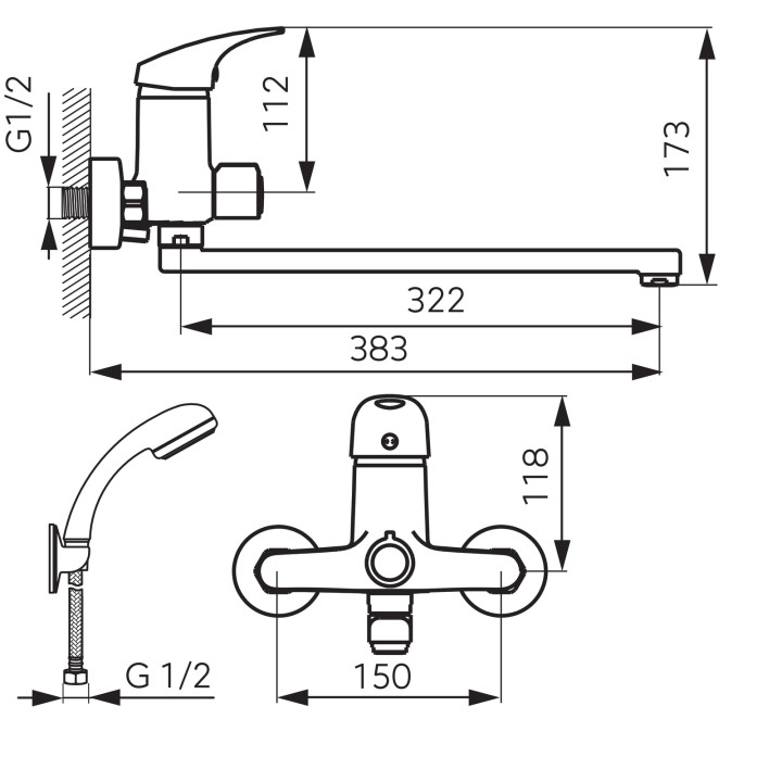FERRO ONE BATERIA WANNOWA Z WYLEWKA 350MM Z ZESTAWEM NATRYSKOWYM U28, CHROM
