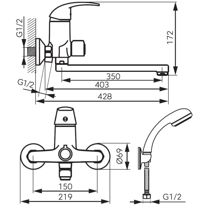 VASTO BATERIA WANNOWA Z WYLEWKĄ 350MM Z ZESTAWEM NATRYSKOWYM U28, CHROM
