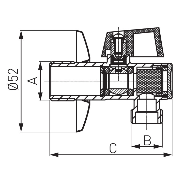 ZAWÓR KULOWY KĄTOWY Z ALUMINIOWYM UCHWYTEM, Z ROZETĄ, Z FILTREM 1-2" X 1-2"