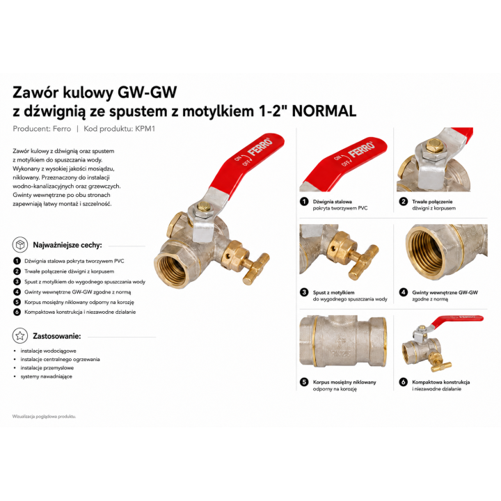 ZAWÓR KULOWY GW-GW Z DŹWIGNIĄ ZE SPUSTEM Z MOTYLKIEM 1-2" NORMAL