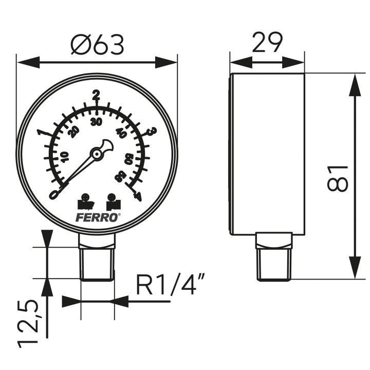 MANOMETR 63 MM 1-4" RADIALNY 0-4 BAR
