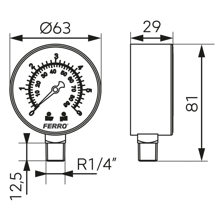 MANOMETR 63 MM 1-4" RADIALNY 0-6 BAR
