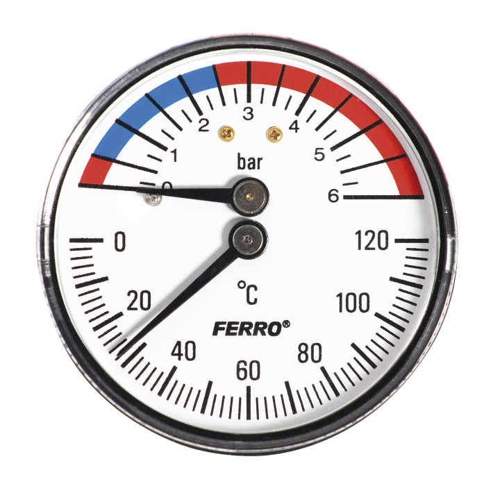 TERMOMANOMETR 63 MM 1-2" AXIALNY 0-6 BAR, 0-120°C