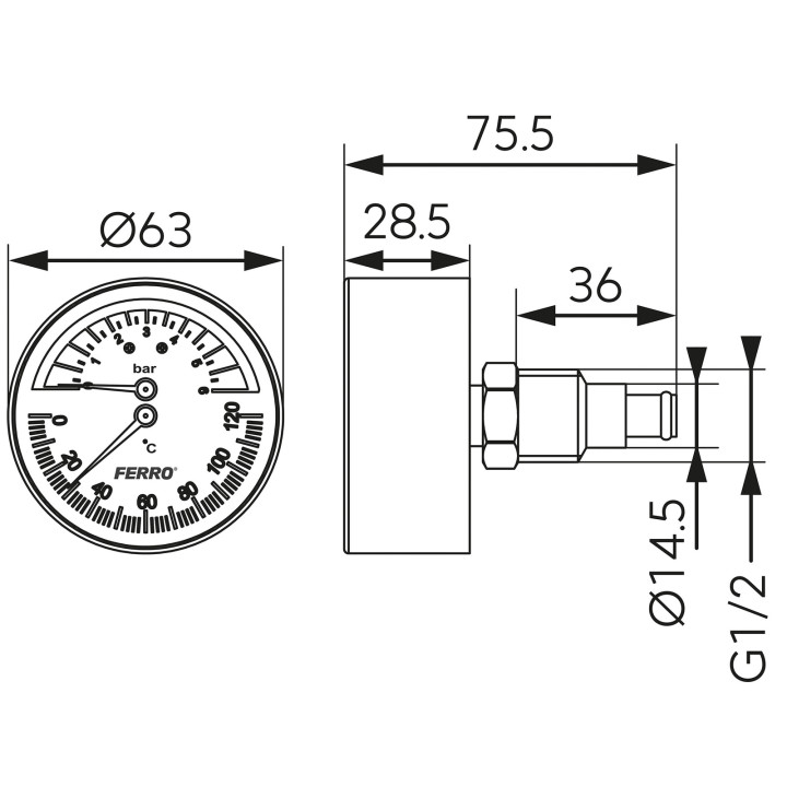 TERMOMANOMETR 63 MM 1-2" AXIALNY 0-6 BAR, 0-120°C