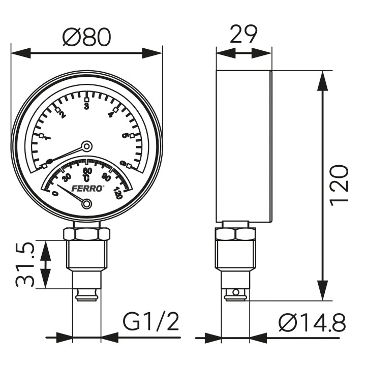 TERMOMANOMETR 80 MM 1-2" RADIALNY 0-6 BAR, 0-120°C