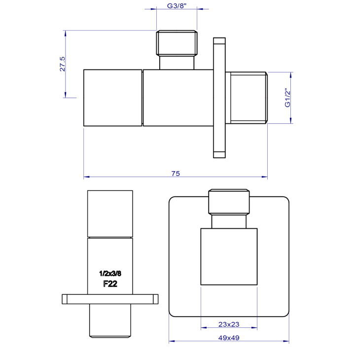 QUADRO ZAWÓR KĄTOWY PODłĄCZENIOWY 1/2"X 3/8", ZłOTY