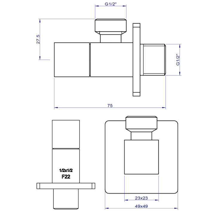 QUADRO ZAWÓR KĄTOWY PODłĄCZENIOWY 1/2"X1/2", ZłOTY