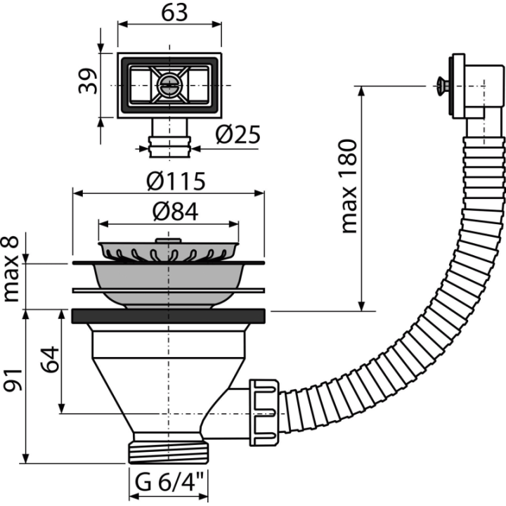 ZLEWOZMYWAK Z PRZELEWEM, SITKO DN115, GWINT SYFONU 6/4", STALOWE ELEMENTY