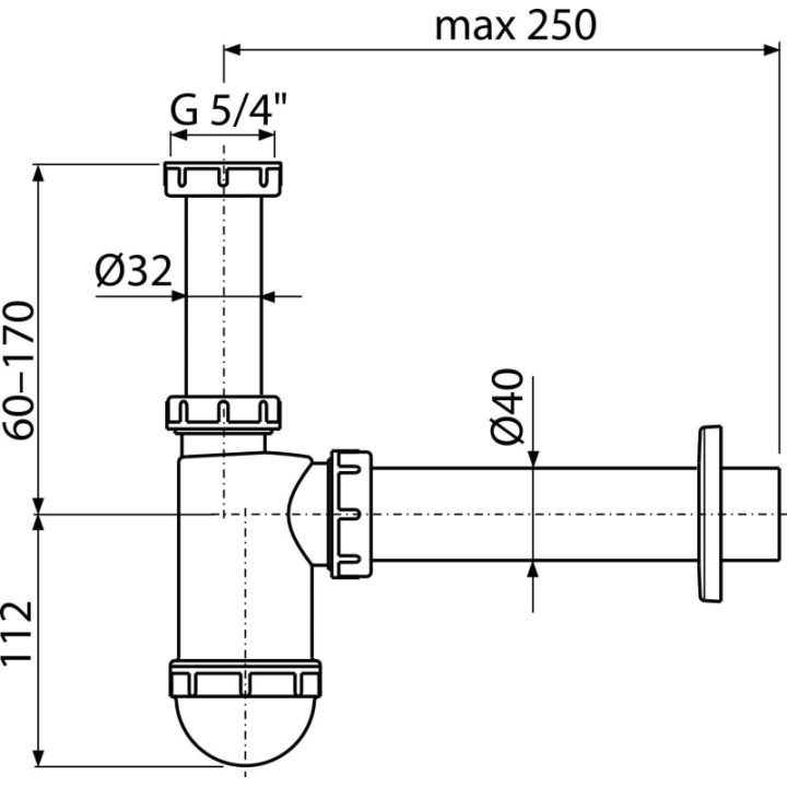 POLIPROPYLENOWY PÓŁSYFON UMYWALKOWY DN40 Z NAKRĘTKĄ Ø40 MM 5/4" 38 L/MIN