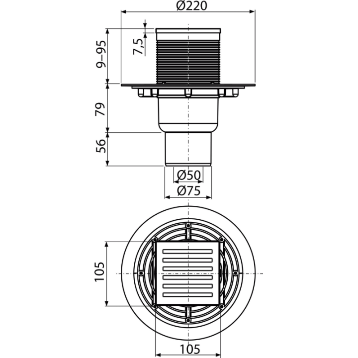 Kratka ściekowa 105×105/50/75 mm odpływ pionowy, kratka nierdzewna, syfon mokry
