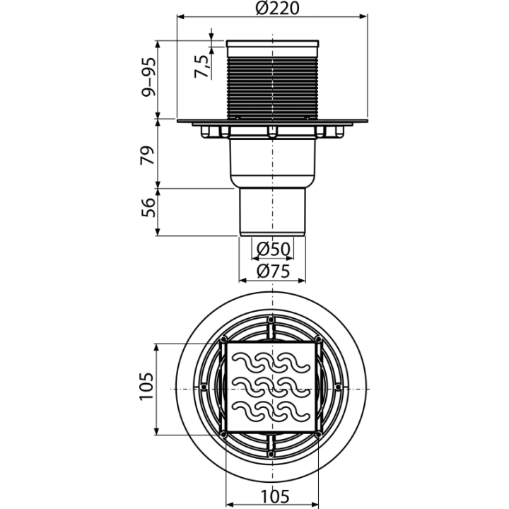 Kratka ściekowa 105×105/50/75 mm odpływ pionowy, kratka nierdzewna, syfon mokry