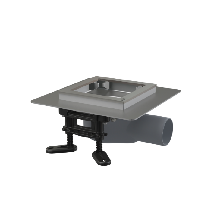 Kratka ściekowa nierdzewna obniżona 130×130 mm odpływ boczny, bez kratki, syfon mokry