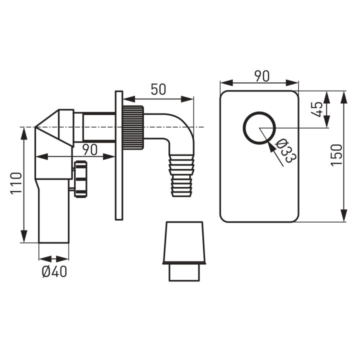 SYFON PRALKOWY PODTYNKOWY DN40/50, CHROM