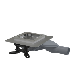 Kratka ściekowa nierdzewna mocno obniżona 130×130 mm odpływ boczny, bez kratki, syfon mokry