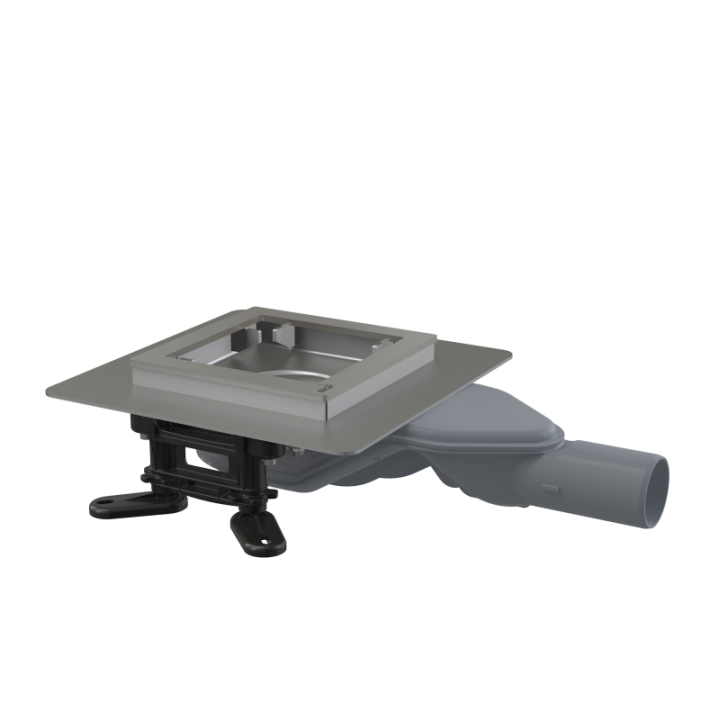 Kratka ściekowa nierdzewna mocno obniżona 130×130 mm odpływ boczny, bez kratki, syfon mokry