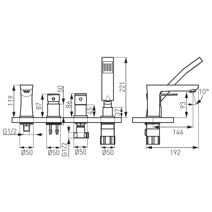 ALGEO SQUARE BATERIA WANNOWA 4-OTWOROWA Z ZESTAWEM NATRYSKOWYM, CHROM
