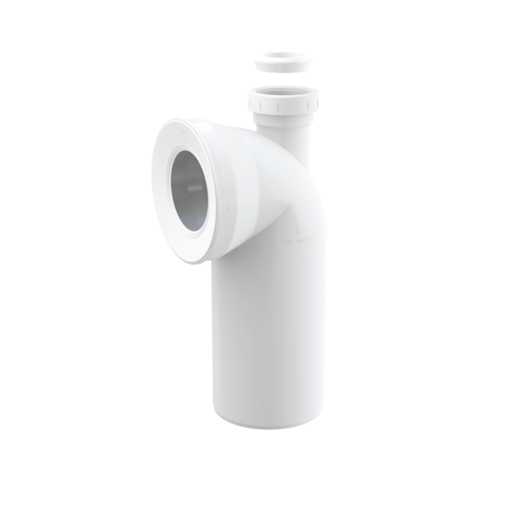 Przyłącze do stojącej miski WC, kolano 90° z przyłączem DN 40/50, DN 110, długość 230 mm, PP, białe
