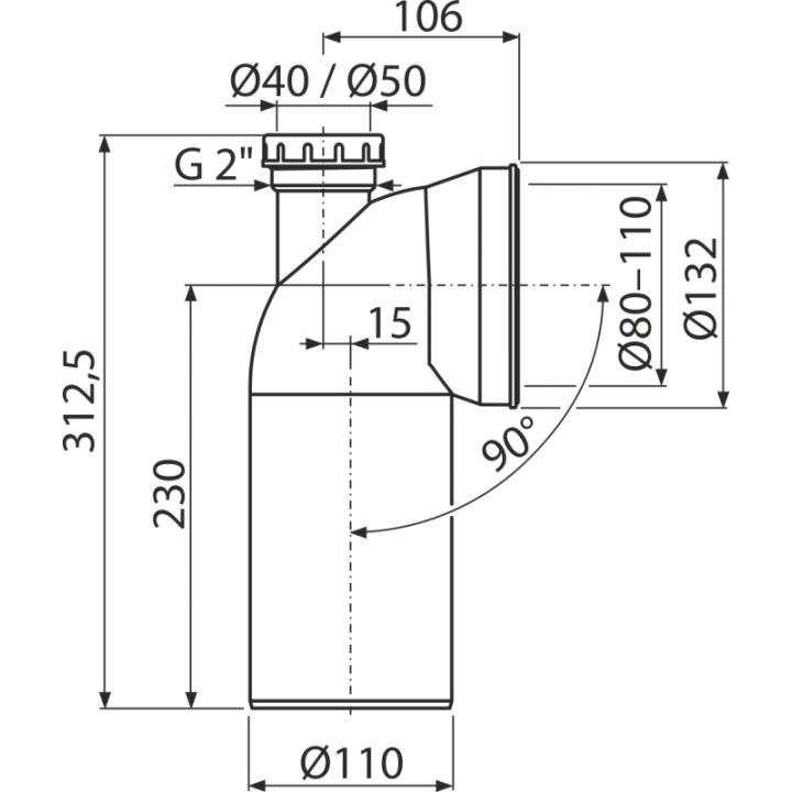 Przyłącze do stojącej miski WC, kolano 90° z przyłączem DN 40/50, DN 110, długość 230 mm, PP, białe