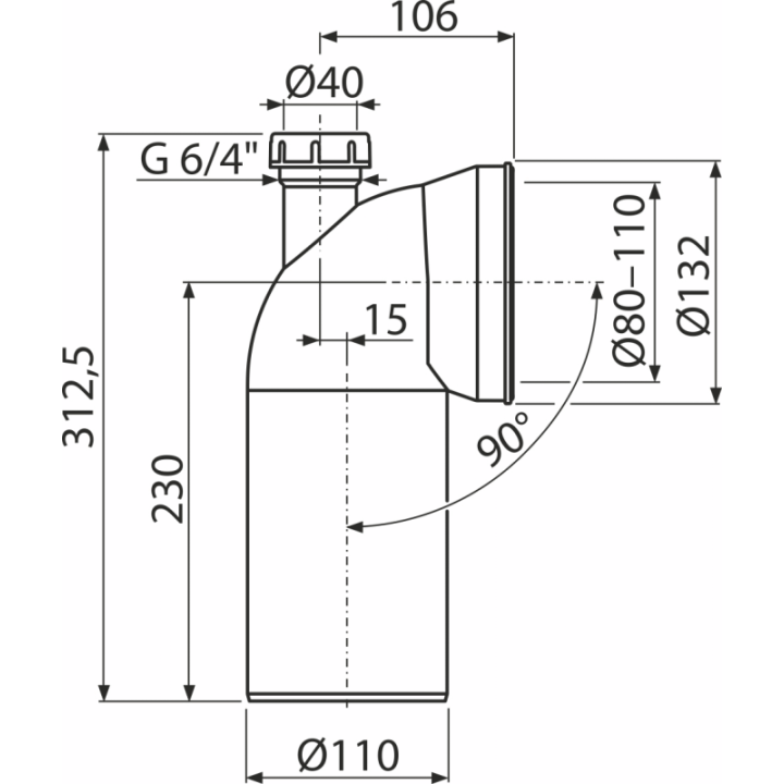 Przyłącze do stojącej miski WC, kolano 90° z przyłączem DN 40, DN 110, długość 230 mm, PP, białe