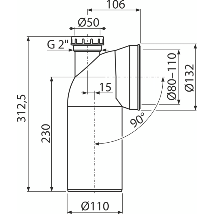 Przyłącze do stojącej miski WC, kolano 90° z przyłączem DN 50, DN 110, długość 230 mm, PP, białe