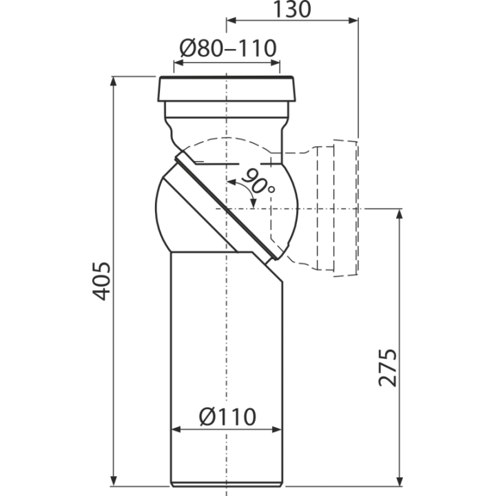 Przyłącze do stojącej miski WC, kolano regulowane 0-90°, DN 110, długość 275 mm, PP, białe