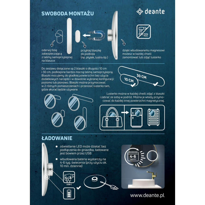 Lusterko kosmetyczne magnetyczne - podświetlenie LED chrom ADR 0821